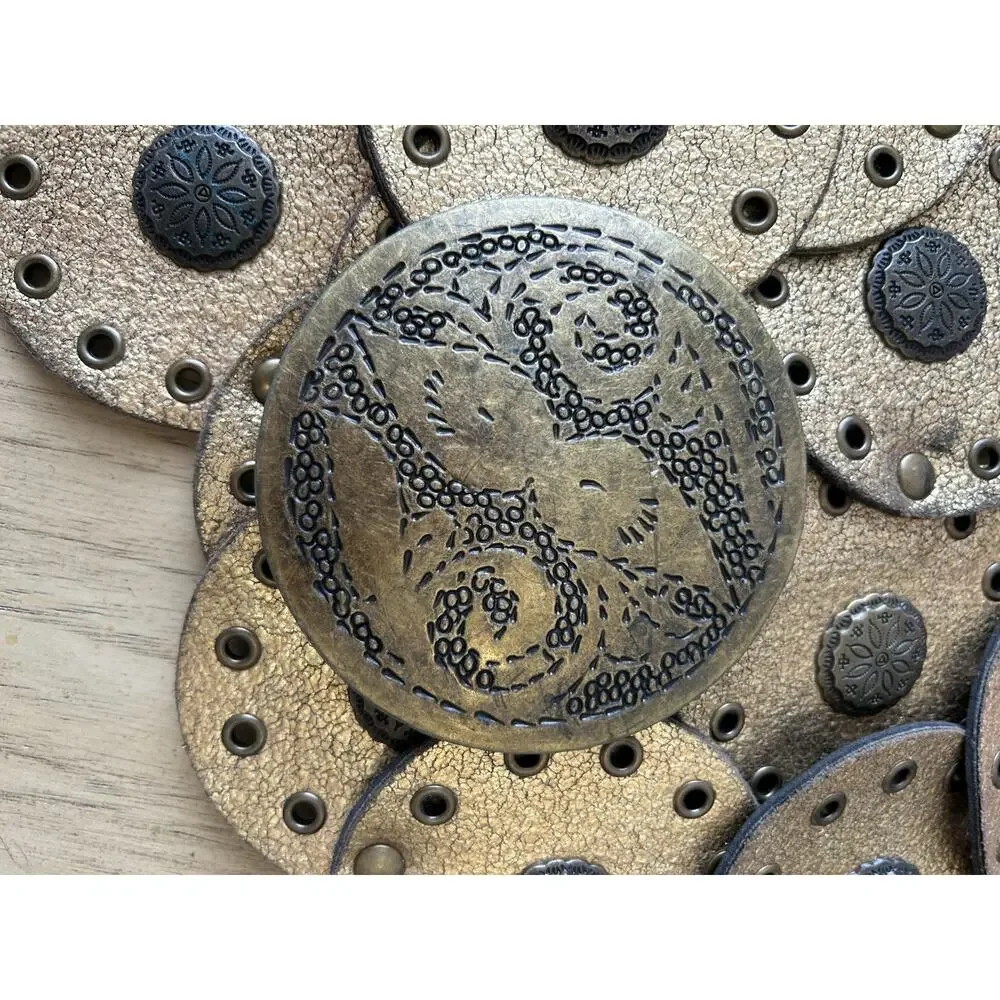Vintage Women’s Moroccan Circle Belt Brass Tool Gold Leather Handmade 70s RARE